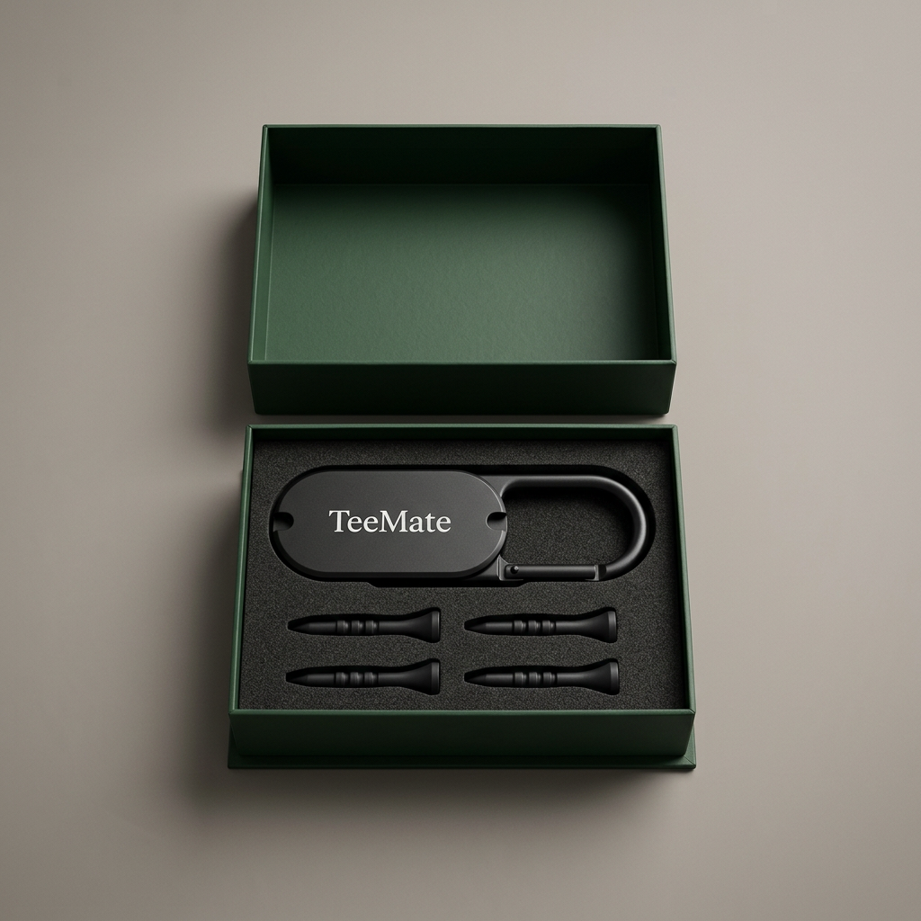 TeeMate complete set inside a dark green premium gift box with black foam insert and six black silicone tees
